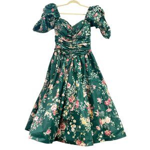 Vintage 80's Loralie Floral Cottagecore Dress Green Size 12 Pre-Loved